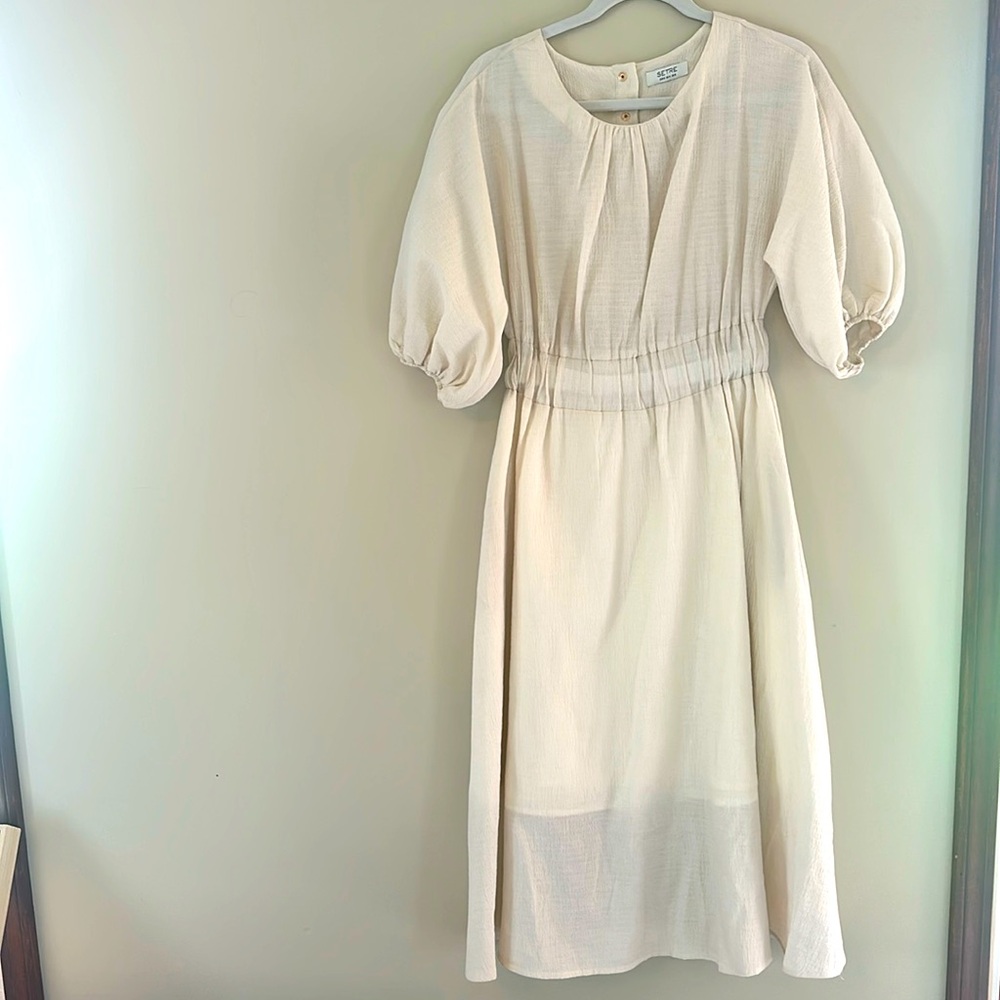 Cream Midi Dress with puff sleeves and elastic waist